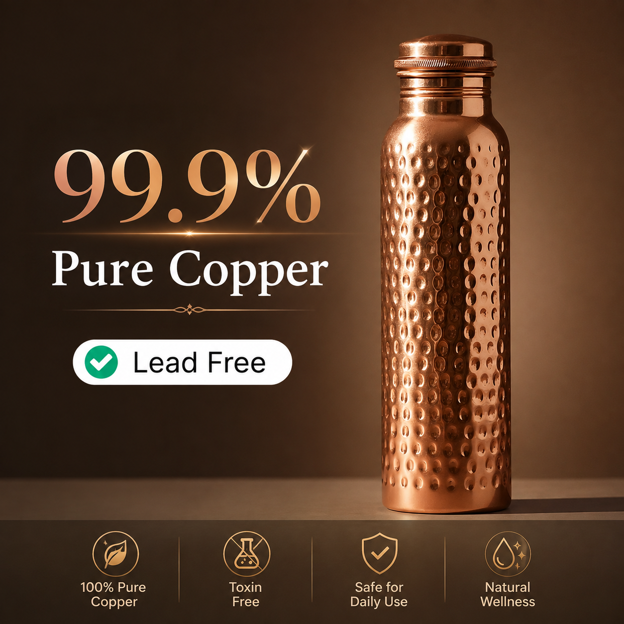 100% Pure Copper Water Bottle for Drinking -34 oz