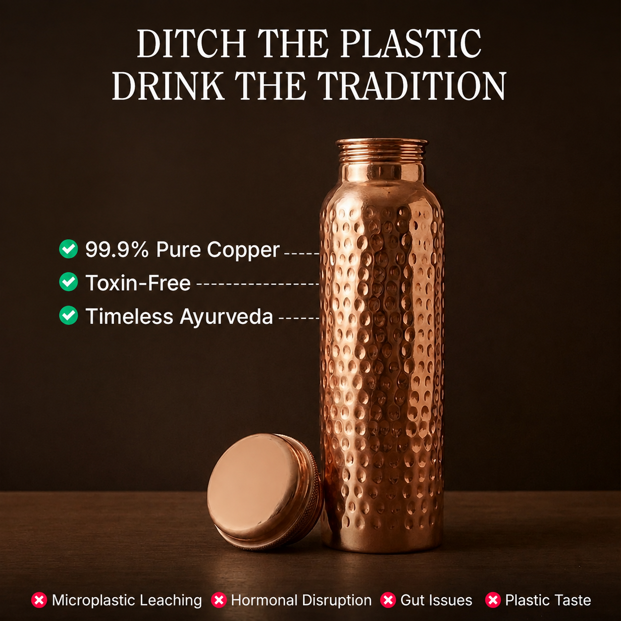 100% Pure Copper Water Bottle for Drinking -34 oz